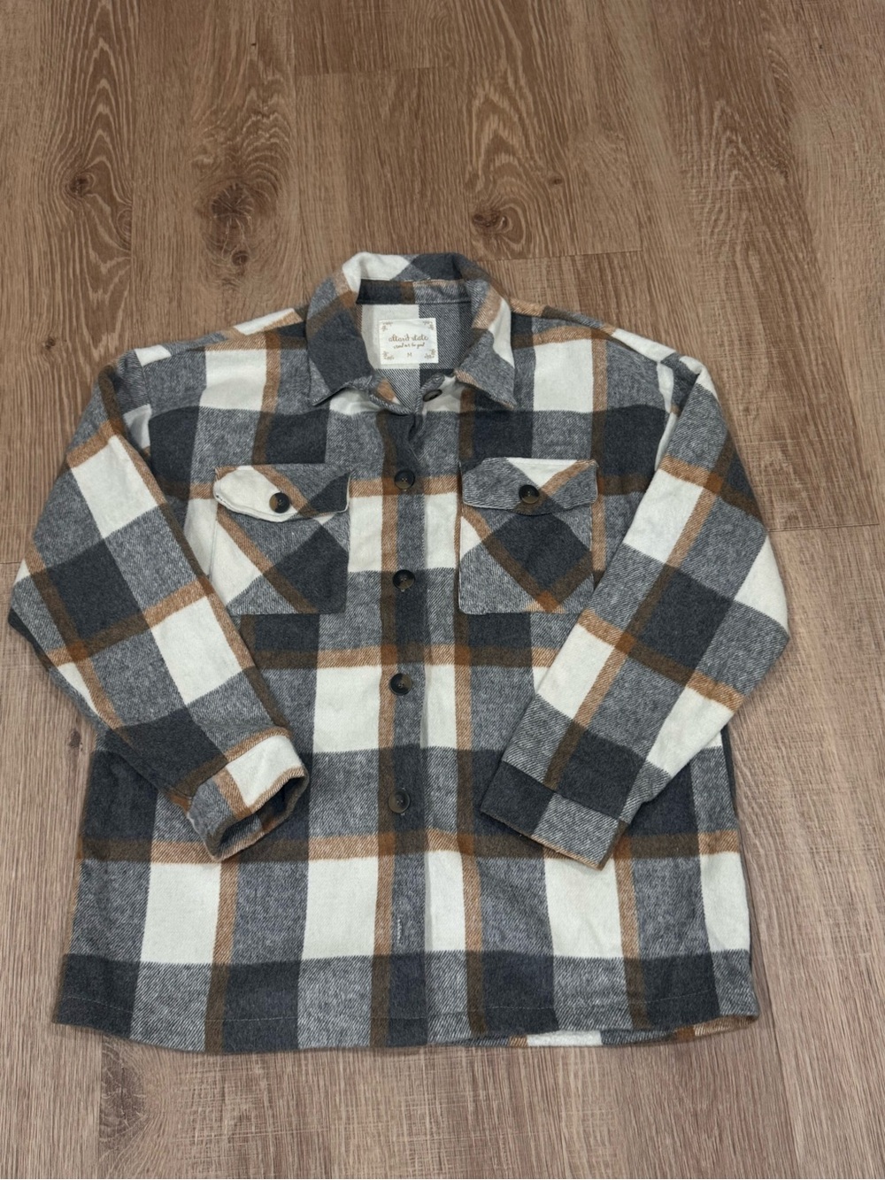 Altar’d State Plaid Shacket Flannel Shirt Jacket Gray Brown Cream Size M